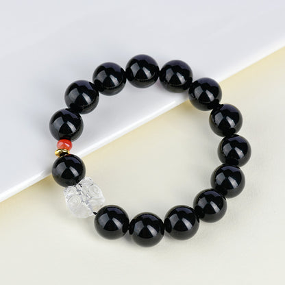 Obsidian Lion Awakening Bracelet with White Crystal and Southern Red Agate | Spiritual Protection Unisex Jewelry