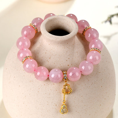 Natural Hibiscus Pink Crystal Beaded Bracelet | Large Round Beads Spiritual Jewelry for Women