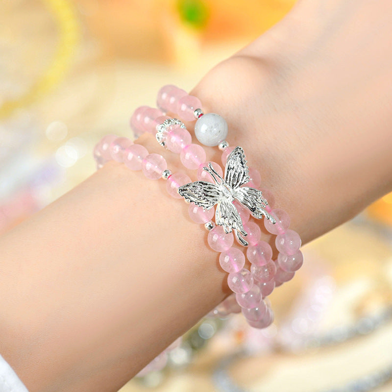 Natural Pink Quartz Aquamarine Butterfly Three-Circle Love Bracelet for Women
