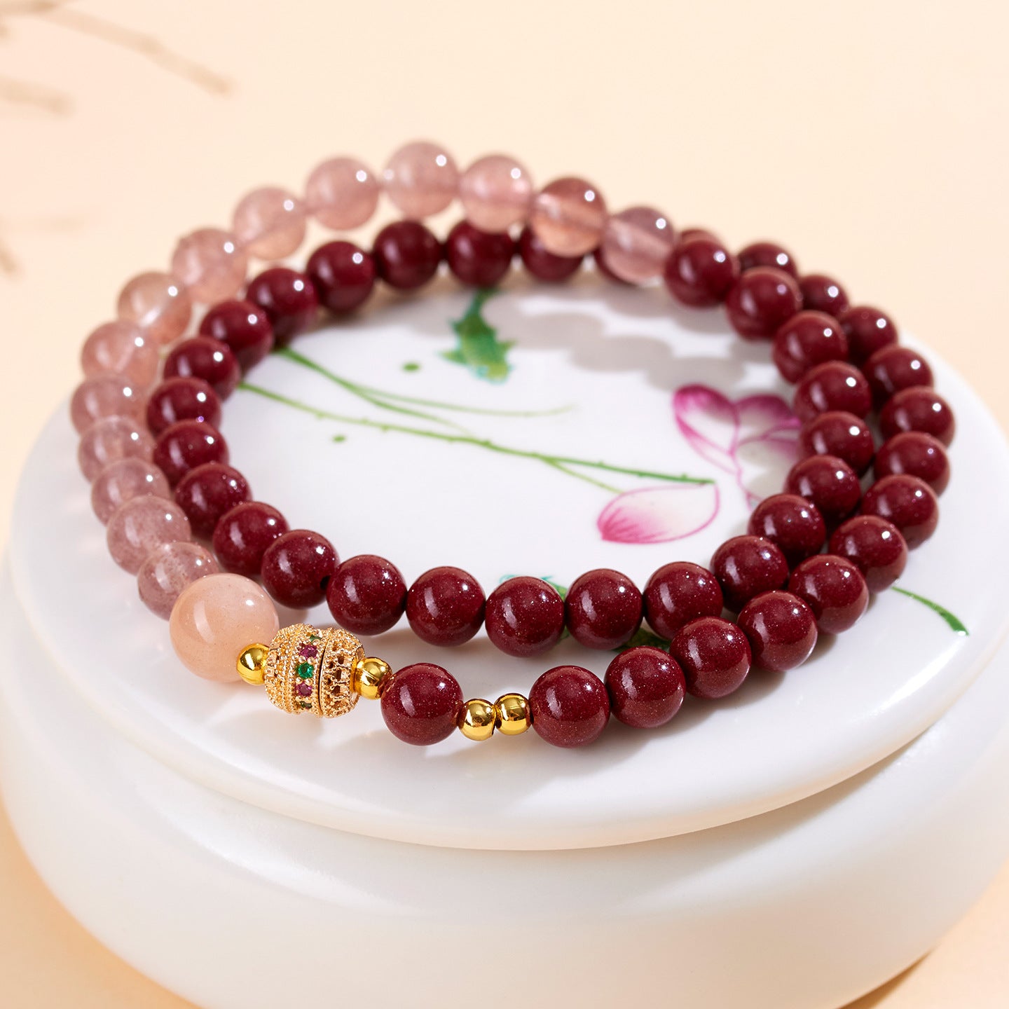 Natural Purple Gold Cinnabar Strawberry Crystal Double Circle Bracelet - Peach Blossom Luck Charm