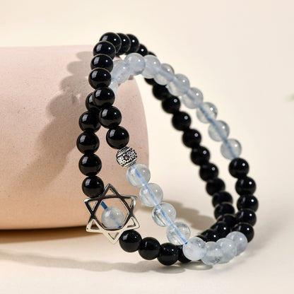 Natural Obsidian Aquamarine Double Circle Hexagram Bracelet - Spiritual Protection & Harmony
