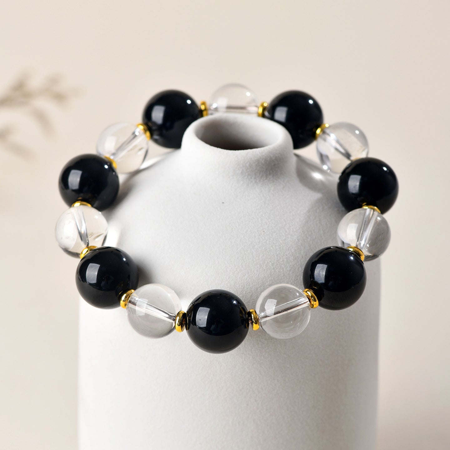 Natural White Crystal and Black Obsidian Single Circle Bracelet - Unisex Spiritual Protection Jewelry