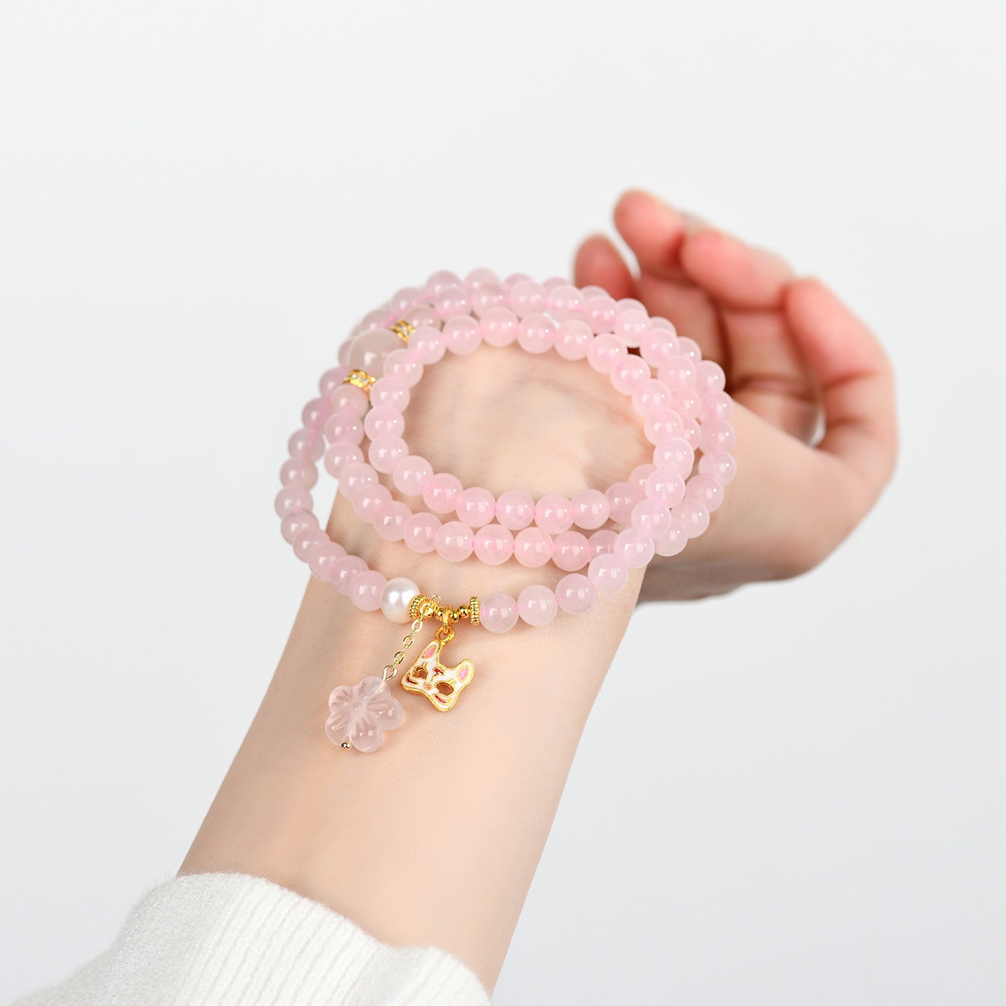 Natural Madagascar Pink Crystal Multi-Circle Love Bracelet with Fox Mask Charm