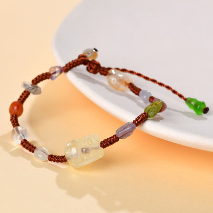 Natural Yellow Crystal Pixiu Bracelet with Crushed Gemstones | Wealth Attraction Handwoven Amulet