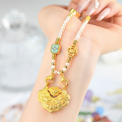 Natural Freshwater Pearl Koi Peace Lock Necklace | Auspicious Chinese Style Collarbone Chain