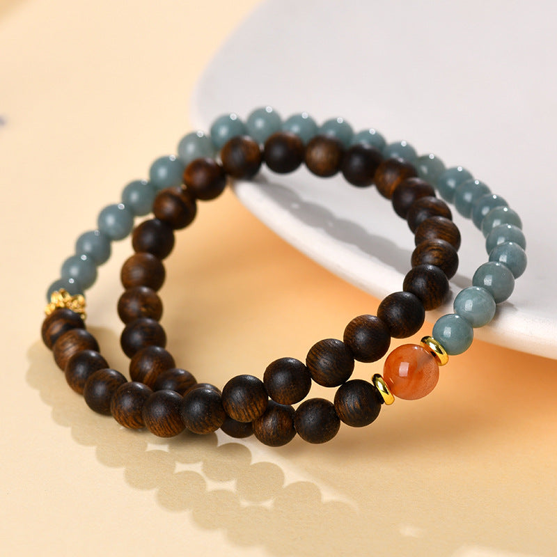 Vietnam Nha Trang Agarwood Blue Jade Double Circle Bracelet - Buddhist Beads for Harmony and Protection