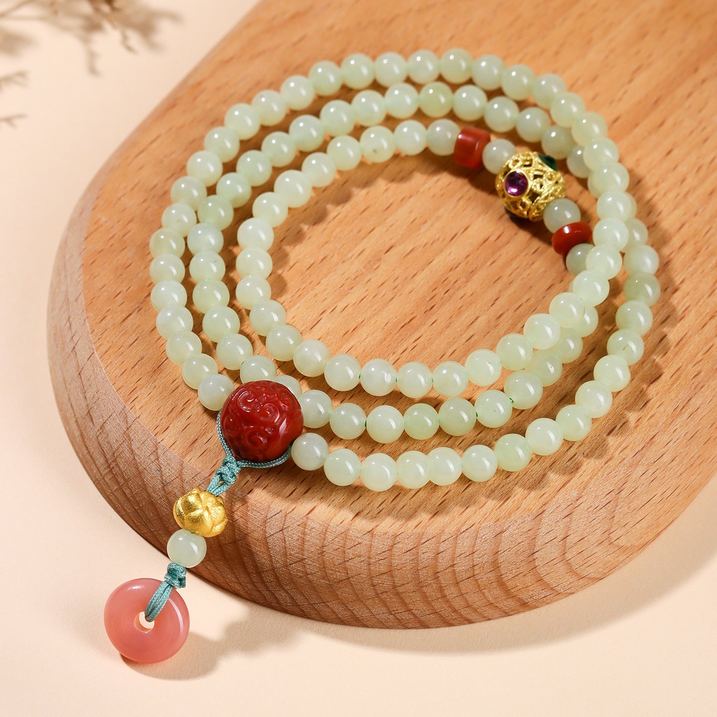 Natural Hetian Jade & Southern Red Agate Three-Circle Bracelet | Peace and Prosperity Buddhist Beads for Women