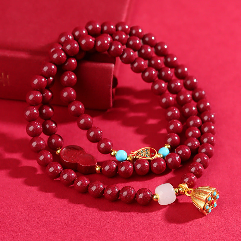 Natural Purple Gold Cinnabar Three-Circle Buddha Bead Bracelet with Lotus Pod Pendant