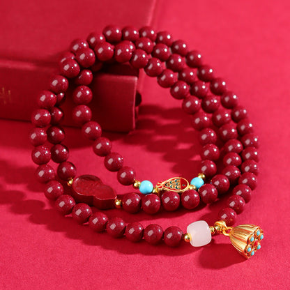 Natural Purple Gold Cinnabar Three-Circle Buddha Bead Bracelet with Lotus Pod Pendant