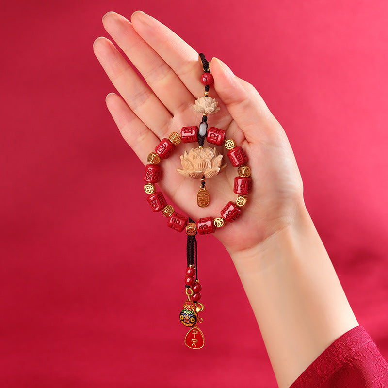 Imperial Red Cinnabar Lotus Car Hanging Ornament for Peace and Protection