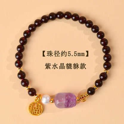 Natural Garnet Strawberry Crystal Pixiu Bracelet - Lucky Charm for Wealth and Protection