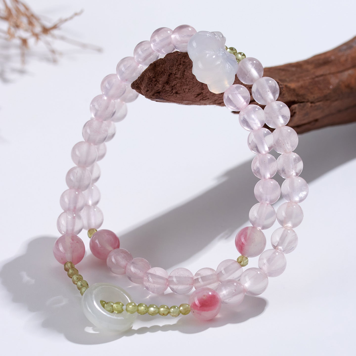 Ice Pink Crystal Peridot Rose Quartz Double Circle Love Bracelet for Women