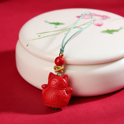Natural High Content Cinnabar Lucky Cat Charm - Imperial Red Sand Phone Pendant for Wealth & Protection