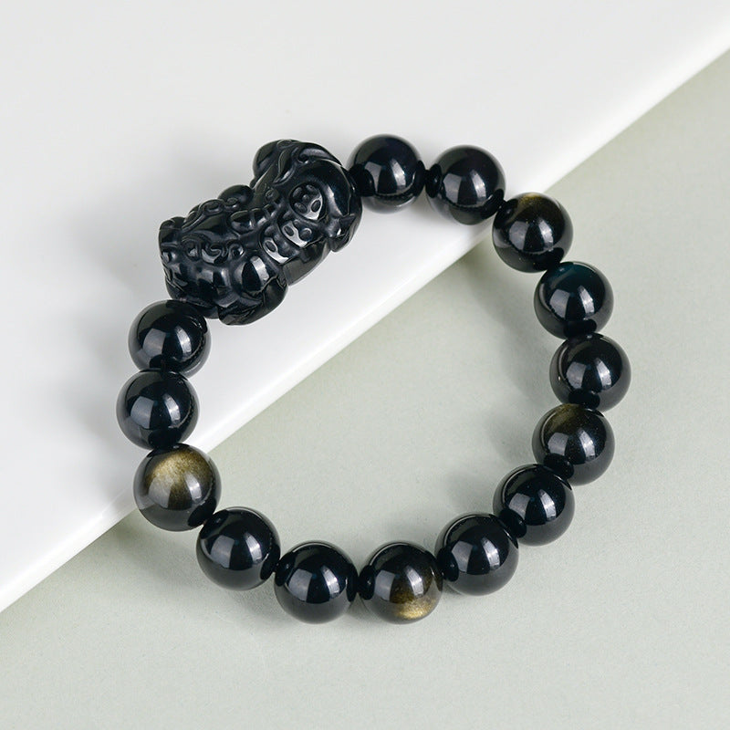 Natural Black Obsidian Pixiu Bracelet with Gold and Double Color Eye Beads - Wealth Protection Amulet for Couples