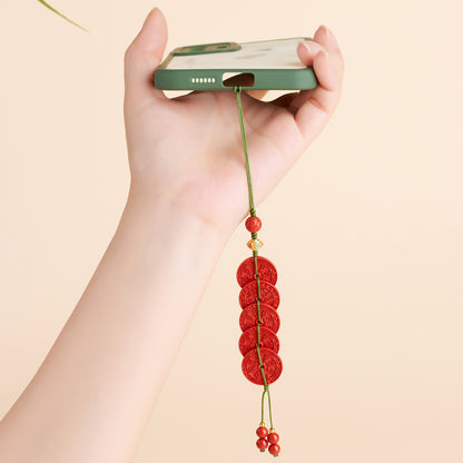 Imperial Red Cinnabar Five Emperors Coin Amulet - Protection Wealth Keychain Pendant