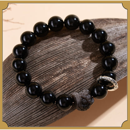Natural Obsidian Lion Dance Bracelet - Chinese Style Unisex Couple Protection Amulet
