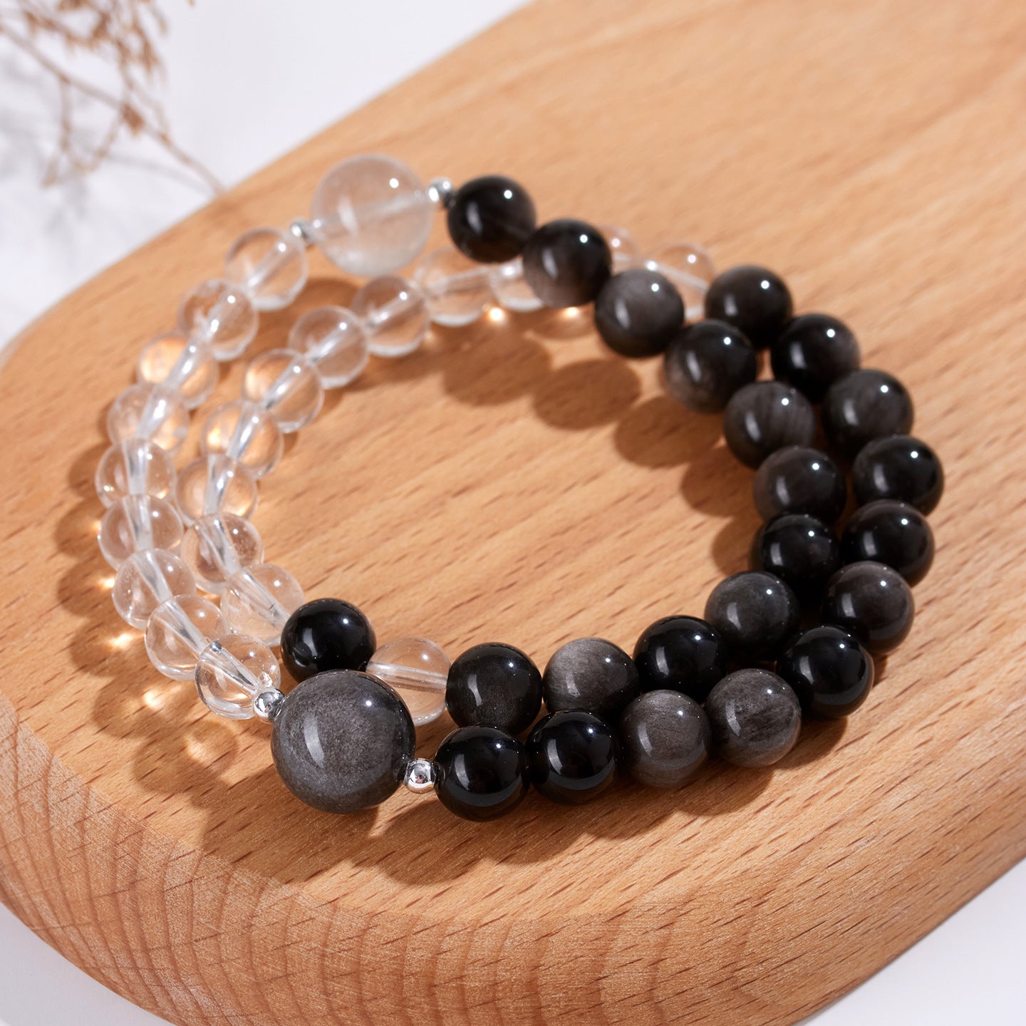 Natural Silver Obsidian White Crystal Double Circle Bracelet - Couple Spiritual Protection Beads