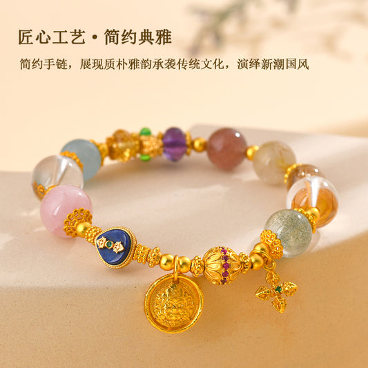 Golden Ancient Method Sand Gold Wealth God Crystal Multi-Treasure Bracelet | Feng Shui Prosperity Talisman