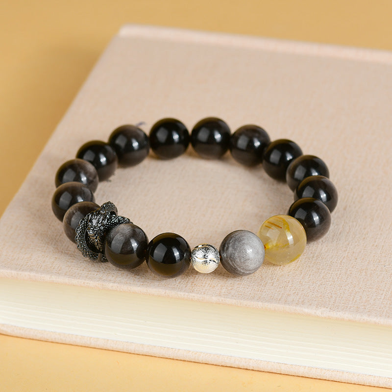 Natural Silver Obsidian Dragon Bracelet - Chinese Zodiac Protection & Couple Harmony