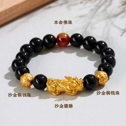 Natural Obsidian Gold Pixiu Zodiac Buddha Bracelet for Wealth Protection and Spiritual Harmony