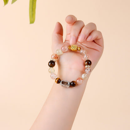 Natural Black Gold Tiger Eye and Yellow Crystal Bracelet with Six-Word Mantra for Luck