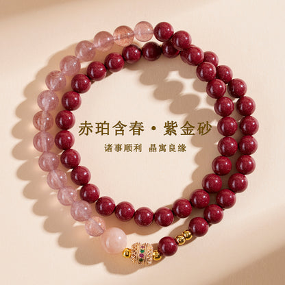 Natural Purple Gold Cinnabar Strawberry Crystal Double Circle Bracelet - Peach Blossom Luck Charm