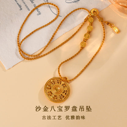 Golden Eight Treasures Compass Pendant with Fu and Swastika Charm Necklace