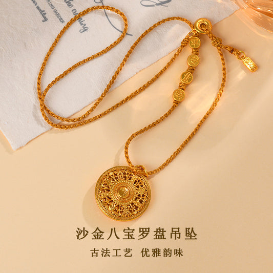 Golden Eight Treasures Compass Pendant with Fu and Swastika Charm Necklace