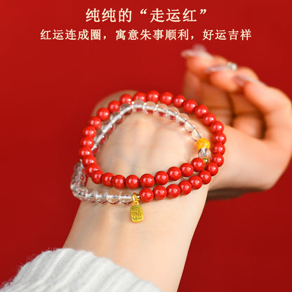 Natural Cinnabar Purple Gold Sand White Crystal Double Circle Buddhist Bead Bracelet for Women