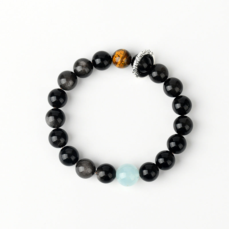 Natural Crystal Silver Obsidian Aquamarine Tiger Eye Bracelet - Women's Mystical Protection & Luck Charm