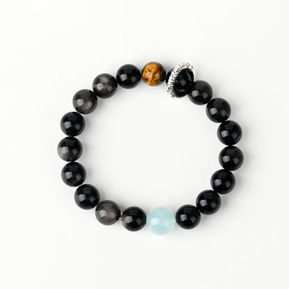 Natural Crystal Silver Obsidian Aquamarine Tiger Eye Bracelet - Women's Mystical Protection & Luck Charm