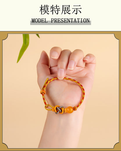 Five-Way God of Wealth Agate Bracelet - Handwoven Red Rope with Zodiac Charms