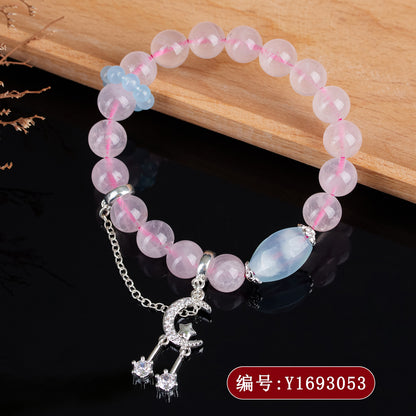 Natural Pink Quartz Aquamarine Starry Moon Love Bracelet | Irregular Crystal Design for Women