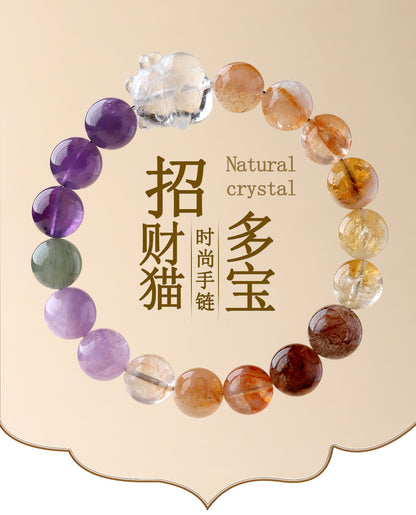 Natural White Crystal Lucky Cat Multi-Gem Bracelet | Wealth & Luck Charm for Women
