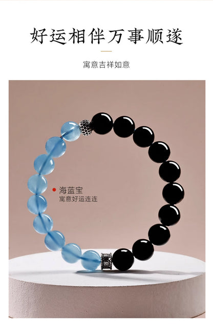 Natural Obsidian Aquamarine Crystal Bracelet - Couple Spiritual Harmony & Protection