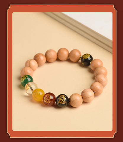 Taishan Peach Wood Zodiac Buddha Wealth God Bracelet - Spiritual Protection & Fortune Amulet