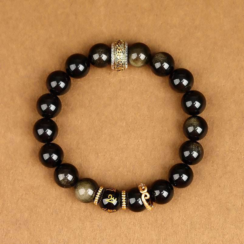 Wukong Themed Obsidian Red Agate Bracelet - Black Gold Silver Spiritual Couple's Jewelry