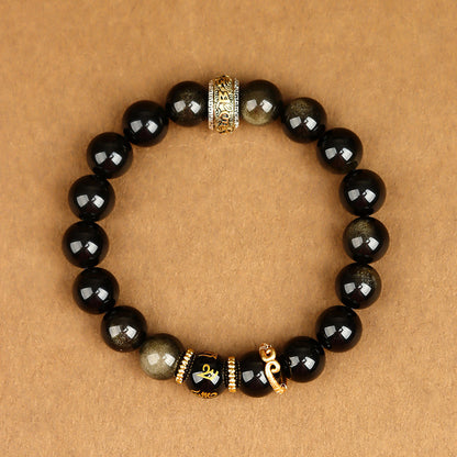 Wukong Themed Obsidian Red Agate Bracelet - Black Gold Silver Spiritual Couple's Jewelry