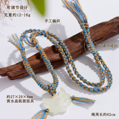 Natural Yellow Crystal Fox Mask Pendant Tibetan Necklace - Wisdom & Prosperity Amulet