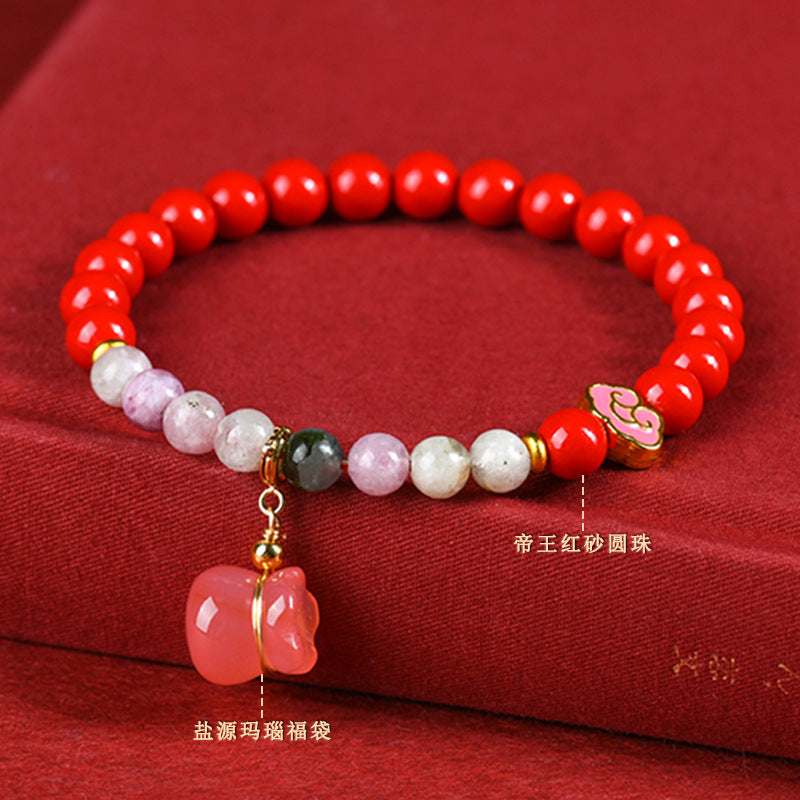Natural Red Cinnabar and Salt Source Agate Lucky Bag Bracelet for Wealth and Protection