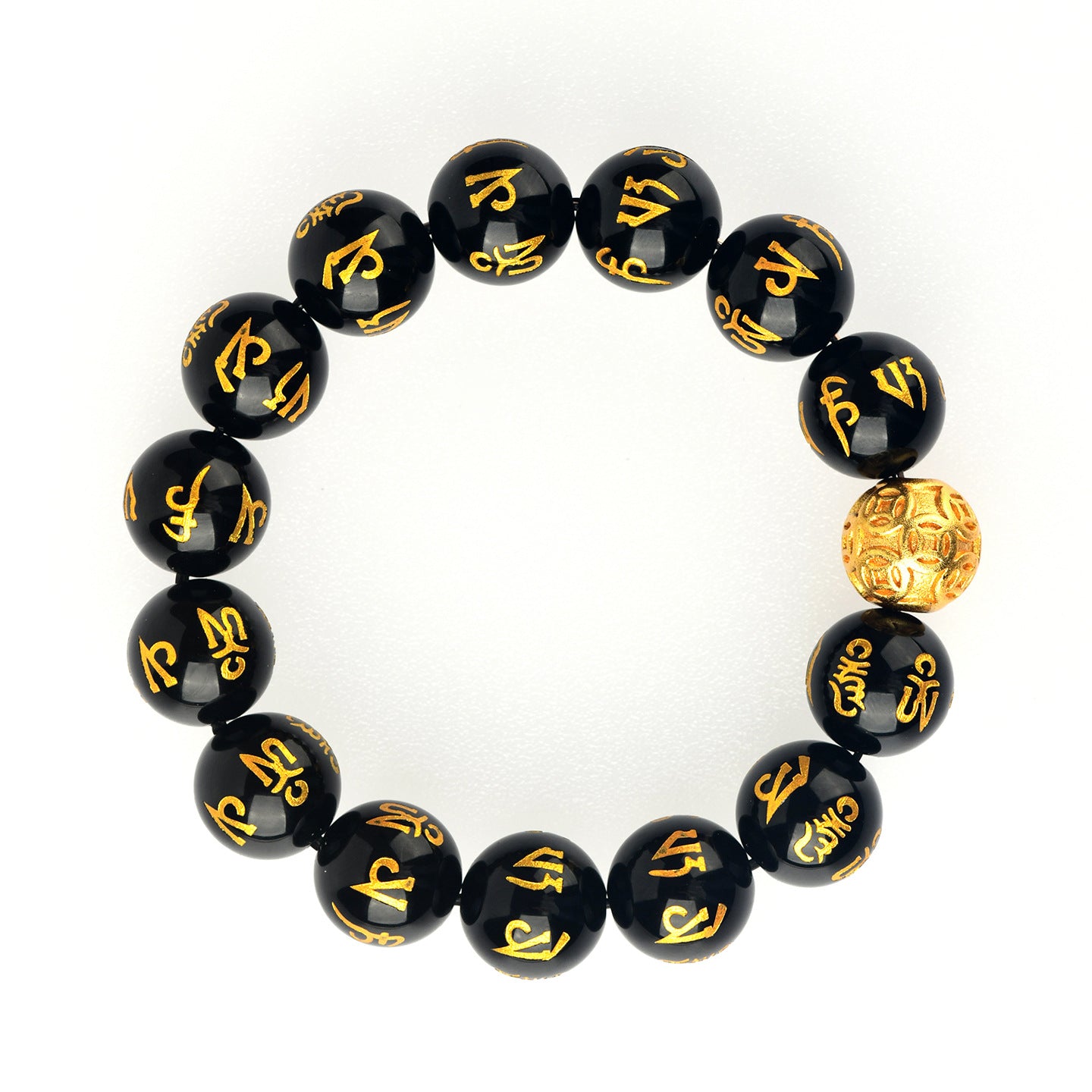 Natural Obsidian Six-Word Mantra Copper Coin Bead Bracelet - Spiritual Protection & Wealth Attraction
