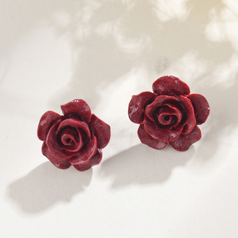 Natural Cinnabar Purple Gold Sand Rose Flower Earrings | Chinese Style Spiritual Jewelry
