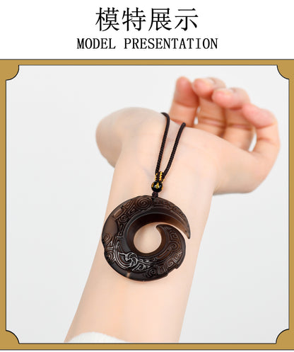 Natural Mexican Obsidian Lucky Pendant | Peace Buckle Necklace for Spiritual Protection