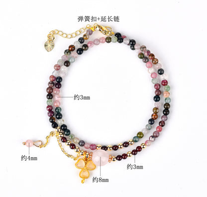 Natural Tourmaline Garnet Rose Quartz Double Circle Bracelet | Adjustable Female Wangfu Stone for Love & Fortune