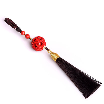 Imperial Cinnabar Hollow Dragon Phoenix Fortune Bead Keychain Pendant Charm