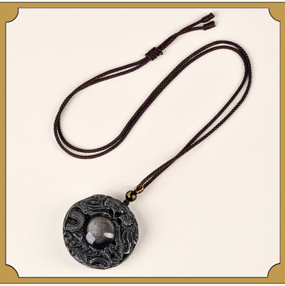 Natural Obsidian Double Dragon Guardian Pendant for Zodiac Year Protection and Good Fortune