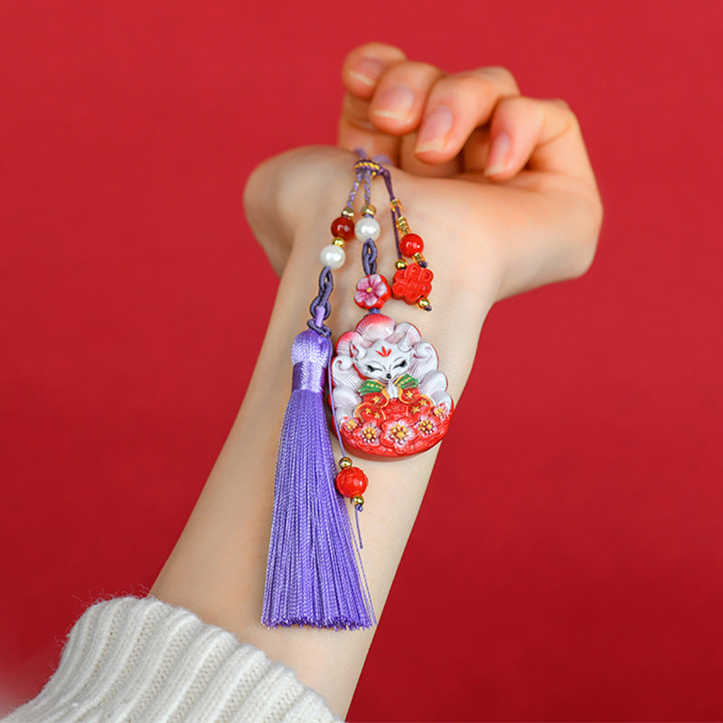 Natural Cinnabar Nine-Tailed Fox Pendant - Mystical Protection & Fortune Keychain