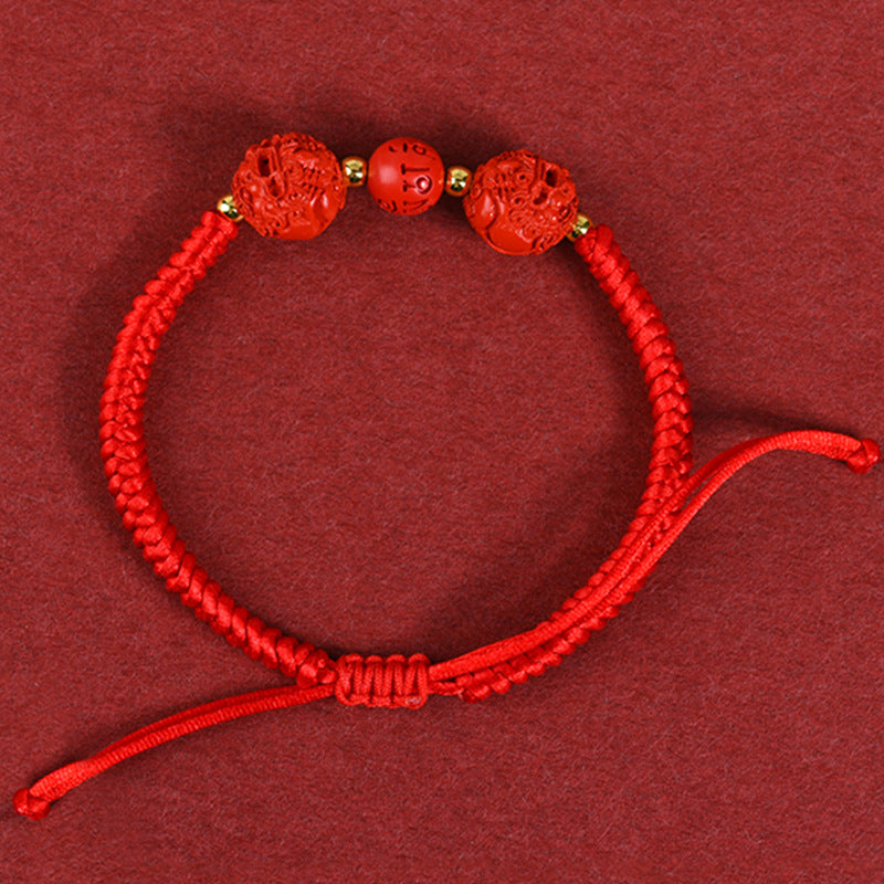 Natural High Content Cinnabar Pixiu Wealth Bracelet with Braided Red String - Zodiac Year Talisman