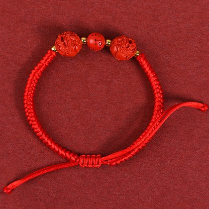 Natural High Content Cinnabar Pixiu Wealth Bracelet with Braided Red String - Zodiac Year Talisman