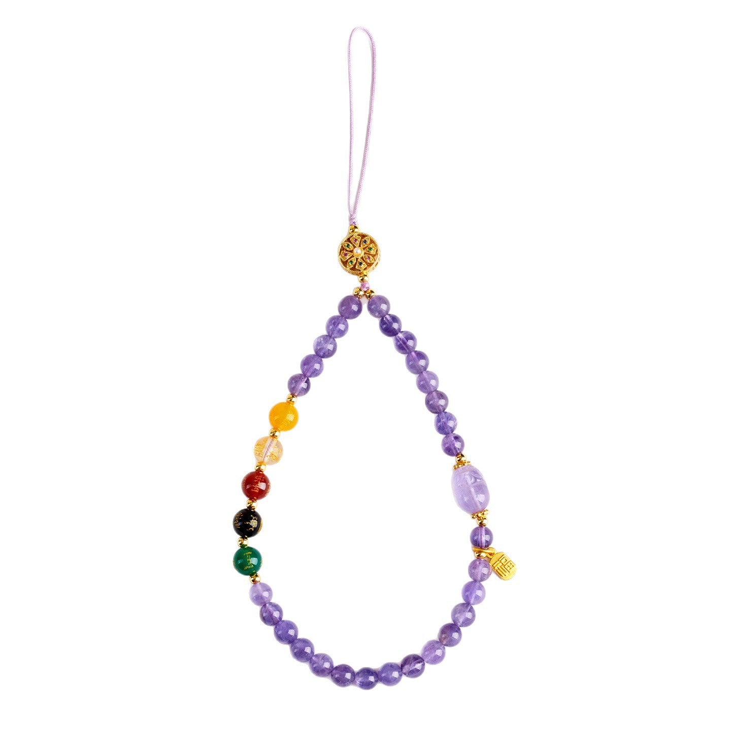 Natural Amethyst Pixiu Five-Directional Wealth God Phone Chain - Feng Shui Keychain for Prosperity